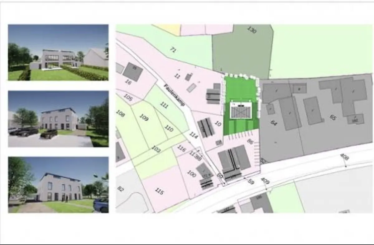 Planungscollage mit Hausvisualisierungen und Lageplan
