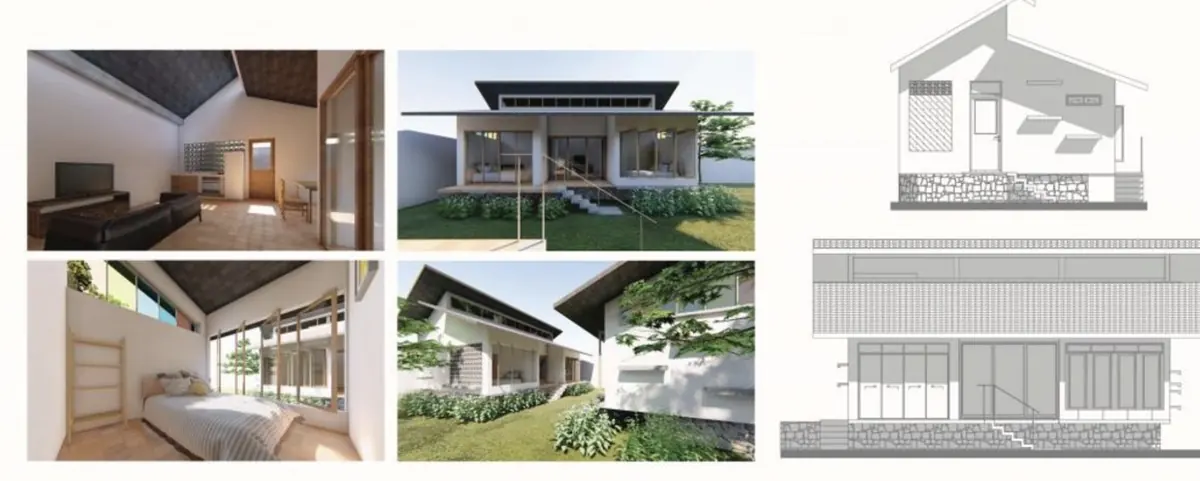 Architekturcollage mit Innenräumen, Gebäudevisualisierungen und Ansichten